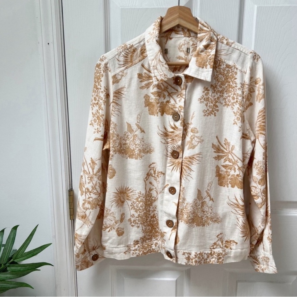 Chicos Linen Flax Blend Jacket Top Beige Tan Button Front Floral Long Sleeve